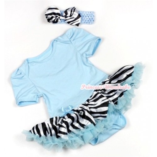 Light Blue Baby Jumpsuit Light Blue Zebra Pettiskirt With Light Blue Headband Zebra Satin Bow JS760 