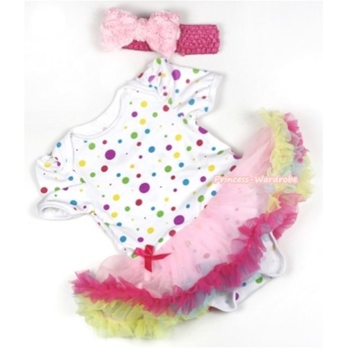 White Rainbow Dots Baby Jumpsuit Rainbow Pettiskirt With Hot Pink Headband Light Pink Romantic Rose Bow JS761 