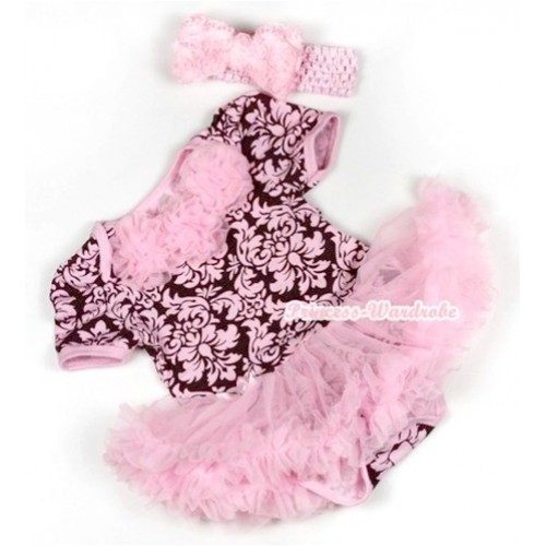 Light Pink Damask Baby Jumpsuit Light Pink Pettiskirt With Light Pink Rosettes With Light Pink Headband Light Pink Romantic Rose Bow JS765 