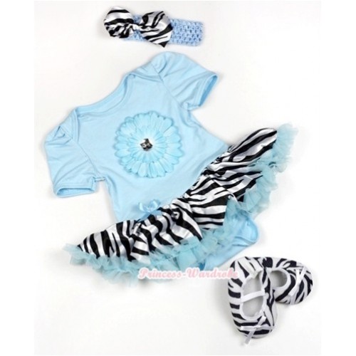 Light Blue Baby Jumpsuit Light Blue Zebra Pettiskirt With Light Blue Flower With Light Blue Headband Zebra Satin Bow With Zebra Shoes JS813 