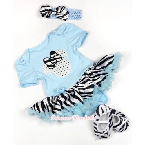 Light Blue Baby Jumpsuit Light Blue Zebra Pettiskirt With Sparkle White Minnie Print With Light Blue Headband Zebra Satin Bow With Zebra Shoes JS824 