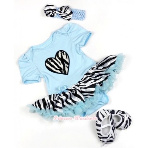Light Blue Baby Jumpsuit Light Blue Zebra Pettiskirt With Zebra Heart Print With Light Blue Headband Zebra Satin Bow With Zebra Shoes JS827 