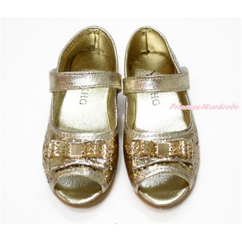 Sparkle Gold Bow Open Toe Girl Shoes 801Gold 