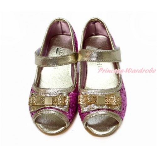 Sparkle Hot Pink With Gold Bow Open Toe Girl Shoes 801Pink 