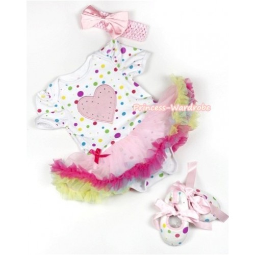 White Rainbow Dots Baby Jumpsuit Rainbow Pettiskirt With Light Pink Heart Print With Light Pink Headband Light Pink Satin Bow With Light Pink Ribbon White Rainbow Dots Shoes JS836 
