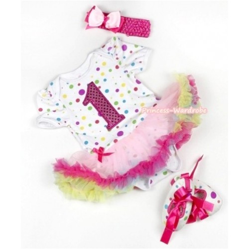 White Rainbow Dots Baby Jumpsuit Rainbow Pettiskirt With 1st Sparkle Hot Pink Birthday Number Print With Hot Pink Headband Light Pink Hot Pink Ribbon Bow With Hot Pink Ribbon White Rainbow Dots Shoes JS837 