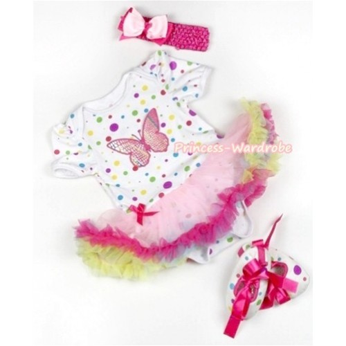 White Rainbow Dots Baby Jumpsuit Rainbow Pettiskirt With Rainbow Butterfly Print With Hot Pink Headband Light Pink Hot Pink Ribbon Bow With Hot Pink Ribbon White Rainbow Dots Shoes JS838 