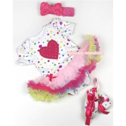 White Rainbow Dots Baby Jumpsuit Rainbow Pettiskirt With Hot Pink Heart Print With Hot Pink Headband Hot Pink Romantic Rose Bow With Hot Pink Ribbon White Rainbow Dots Shoes JS839 