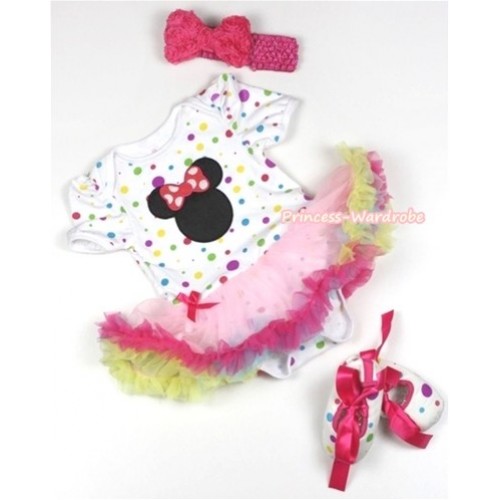White Rainbow Dots Baby Jumpsuit Rainbow Pettiskirt With Hot Pink Minnie Print With Hot Pink Headband Hot Pink Romantic Rose Bow With Hot Pink Ribbon White Rainbow Dots Shoes JS840 