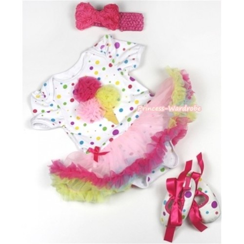White Rainbow Dots Baby Jumpsuit Rainbow Pettiskirt With Hot Pink Light Pink Yellow Rosettes Ice Cream Print With Hot Pink Headband Hot Pink Romantic Rose Bow With Hot Pink Ribbon White Rainbow Dots Shoes JS842 