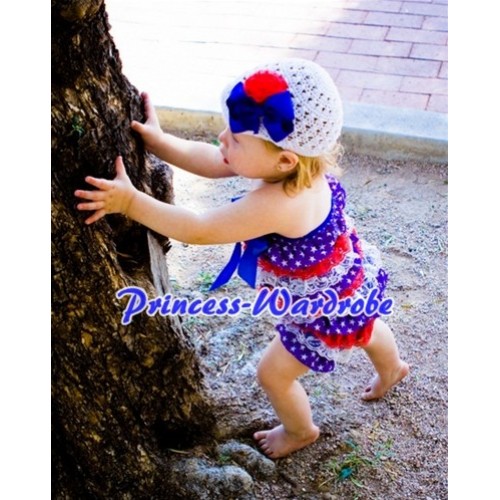 Patriotic America Red White Blue Layer Chiffon Romper with Royal Blue Bow LR68 