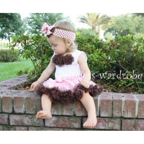 White Baby Pettitop & Brown Rosettes with Light Pink Brown Baby Pettiskirt NG82 