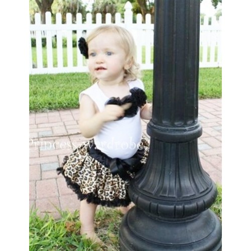White Baby Pettitop & Black Rosettes with Black Leopard Baby Pettiskirt NG114 