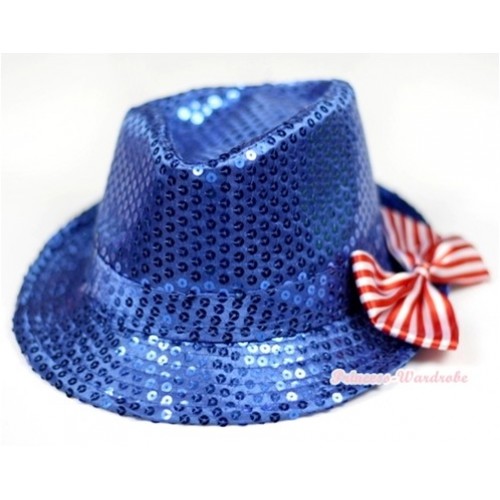 Sparkle Sequin Royal Blue Jazz Hat With Red White Striped Satin Bow H678 
