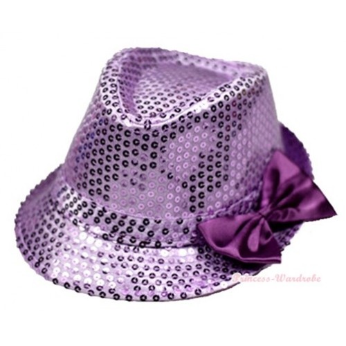 Sparkle Sequin Lavender Jazz Hat With Dark Purple Satin Bow H683 