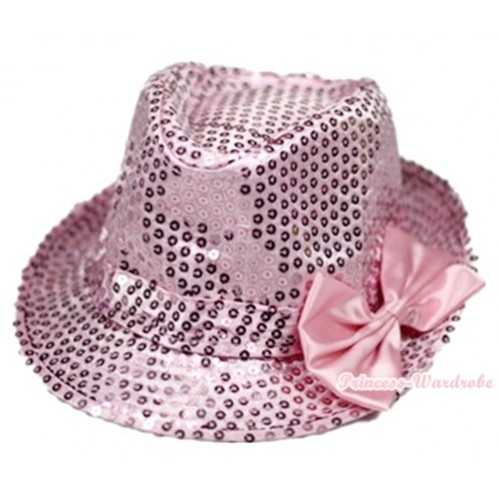 Sparkle Sequin Light Pink Jazz Hat With Light Pink Satin Bow H686 