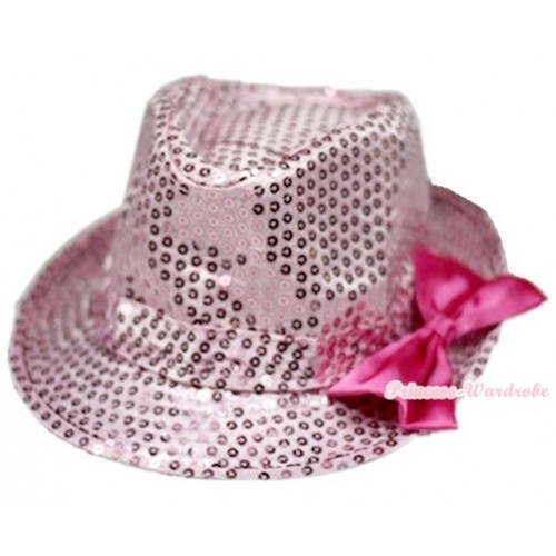Sparkle Sequin Light Pink Jazz Hat With Hot Pink Satin Bow H687 