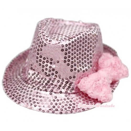 Sparkle Sequin Light Pink Jazz Hat With Light Pink Romantic Rose Bow H689 