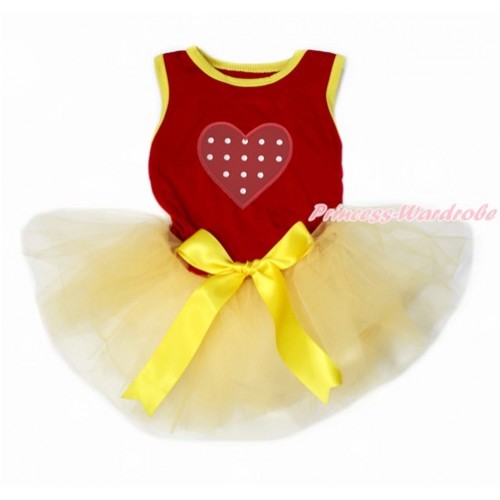 World Cup Spain Red Sleeveless Yellow Gauze Skirt With Red White Dots Heart Print With Yellow Bow Pet Dress DC172 