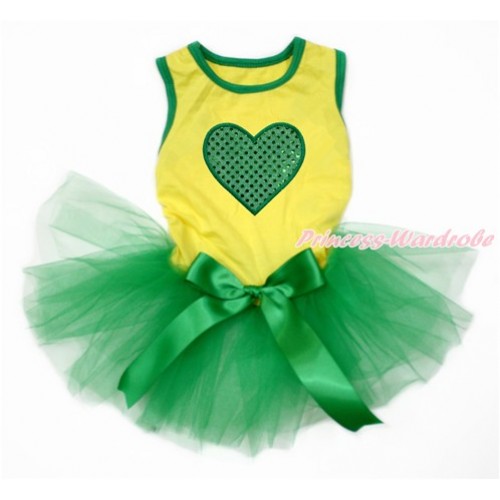 World Cup Brazil Yellow Sleeveless Kelly Green Gauze Skirt With Sparkle Kelly Green Heart Print With Kelly Green Bow Pet Dress DC173 