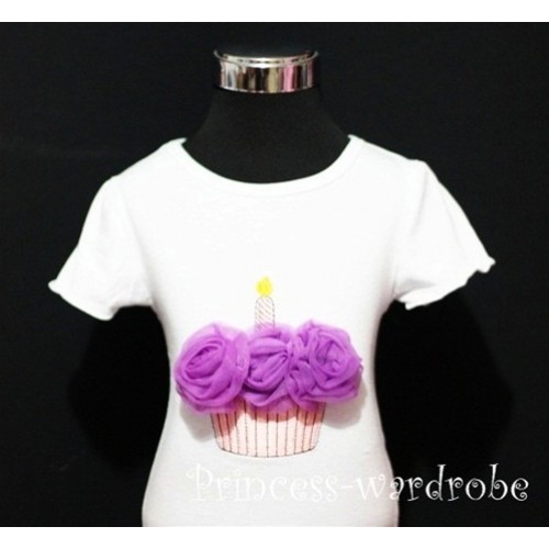 White Birthday Cake Short Sleeves Top with Dark Purple Rosettes TS04 