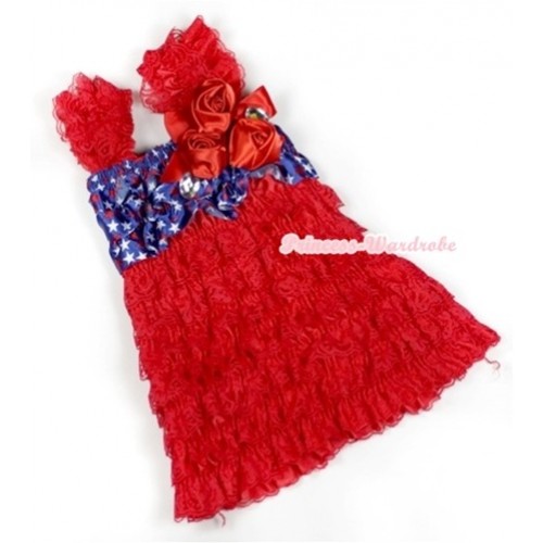 Hot Red Patriotic American Stars Lace Ruffles Layer One Piece Dress With Cap Sleeve With Red Bow & Bunch Of Red Satin Rosettes & Crystal RD005 