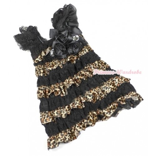 Black Leopard Lace Ruffles Layer One Piece Dress With Cap Sleeve With Black Bow & Bunch Of Black Satin Rosettes & Crystal RD006 