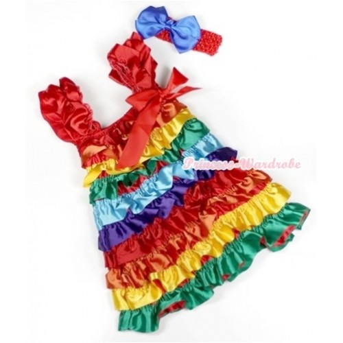 Passion Rainbow Satin Ruffles Layer One Piece Dress With Cap Sleeve With Red Bow With Red Headband Royal Blue Silk Bow RD008 