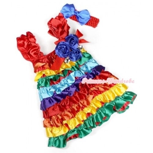 Passion Rainbow Satin Ruffles Layer One Piece Dress With Cap Sleeve With Red Bow & Bunch Of Royal Blue Satin Rosettes & Crystal With Red Headband Royal Blue Silk Bow RD010 