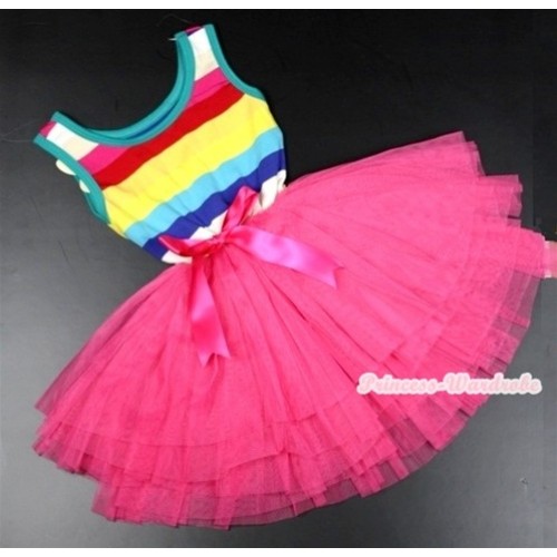 Rainbow Striped Top Hot Pink Chiffon Ballet Tutu Wedding Party Dress PD043 