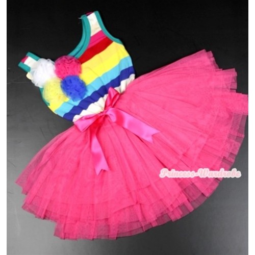 Rainbow Striped Top Hot Pink Chiffon Ballet Tutu Wedding Party Dress With Bunch Of White Yellow Hot Pink Royal Blue Rosettes PD043-1 