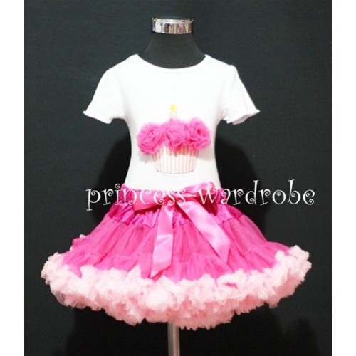 Hot Light Pink Pettiskirt With White Birthday Cake Short Sleeves Top with Hot Pink Rosettes SC03 