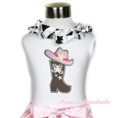 White Tank Tops with Milk Cow Satin Lacing with Cowgirl Hat Boot Print TB791 