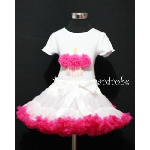 White and Hot Pink Pettiskirt With White Birthday Cake Short Sleeves Top with Hot Pink Rosette SC08 