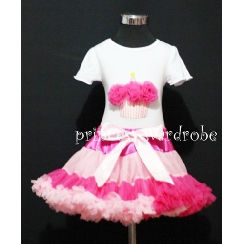 Hot Light Pink Multi-Colored Pettiskirt With White Birthday Cake Short Sleeves Top with Hot Pink Rosette SC10 