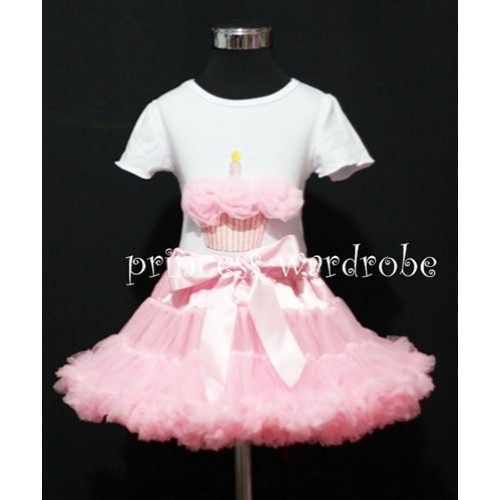 Light Pink Pettiskirt With White Birthday Cake Short Sleeves Top with Light Pink Rosettes SC12 