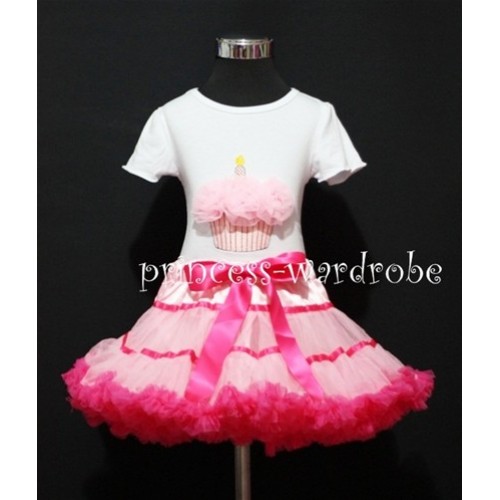 Light Pink and Hot Pink Trim Pettiskirt With White Birthday Cake Short Sleeves Top with Light Pink Rosette SC17 