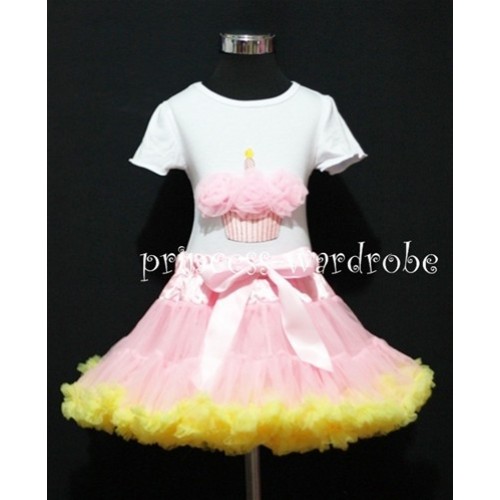 Light Pink and Yellow Pettiskirt With White Birthday Cake Short Sleeves Top with Light Pink Rosette SC18 