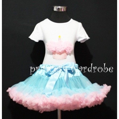Light Blue and Light Pink Pettiskirt With White Birthday Cake Short Sleeves Top with Light Pink Rosette SC19 