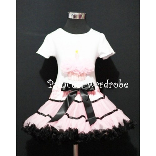 Light Pink and Black Trim  Pettiskirt With White Birthday Cake Short Sleeves Top with Light Pink Rosette SC20 