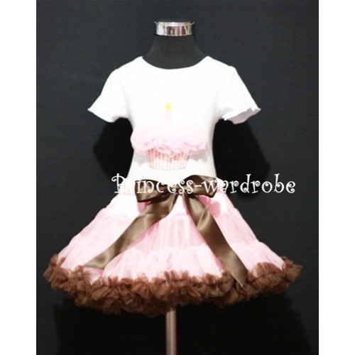 Light Pink and Brown Pettiskirt With White Birthday Cake Short Sleeves Top with Light Pink Rosette SC21 