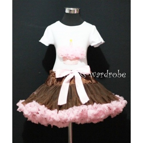 Brown and Light Pink Pettiskirt With White Birthday Cake Short Sleeves Top with Light Pink Rosette SC22 
