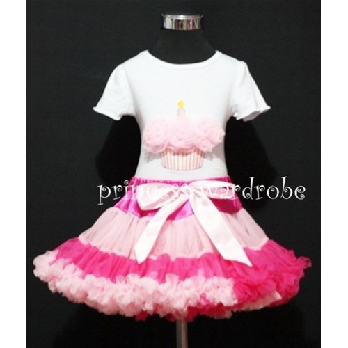 Hot Light Pink Multi-Colored Pettiskirt With White Birthday Cake Short Sleeves Top with Light Pink Rosette SC27 