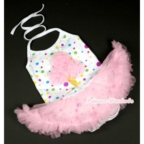 White Rainbow Dots Baby Halter Jumpsuit Light Pink Pettiskirt With Light Pink Rosettes Ice Cream Print JS846 