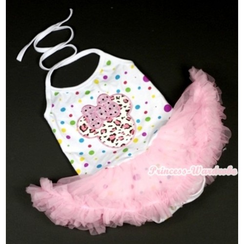 White Rainbow Dots Baby Halter Jumpsuit Light Pink Pettiskirt With Light Pink Leopard Minnie Print JS847 