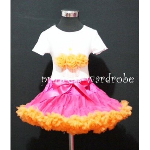 Hot Pink and Orange Pettiskirt With White Birthday Cake Short Sleeves Top with Orange Rosette SC32 