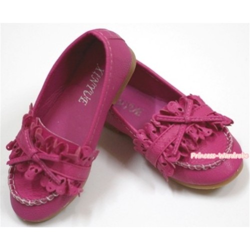 Hot Pink Leather With Ruffles Cute Bow Girl Shoes SE008 