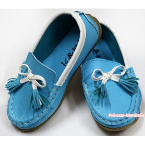 Peacock Blue Leather White Tessels Cute Bow Girl Shoes SE007 