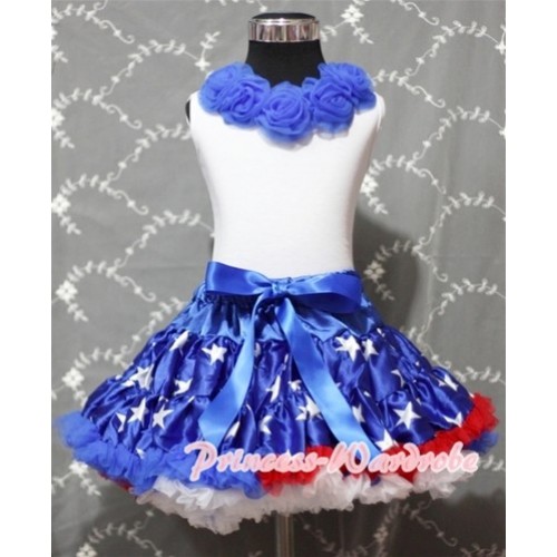 White Tank Tops with Royal Blue Rosettes & Patriotic America Star Pettiskirt MG69 