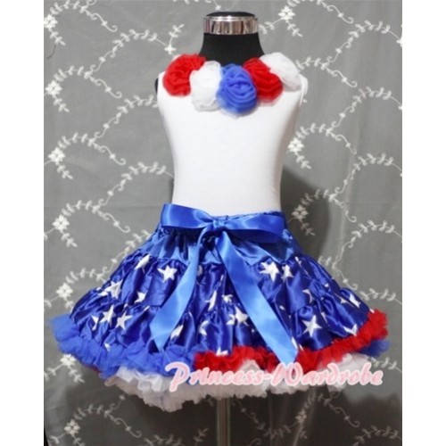 White Tank Tops with Red White Blue Rosettes & Patriotic America Star Pettiskirt MG71 